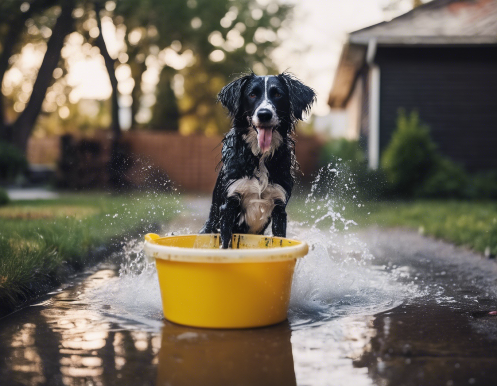 dog bathing in the driveway